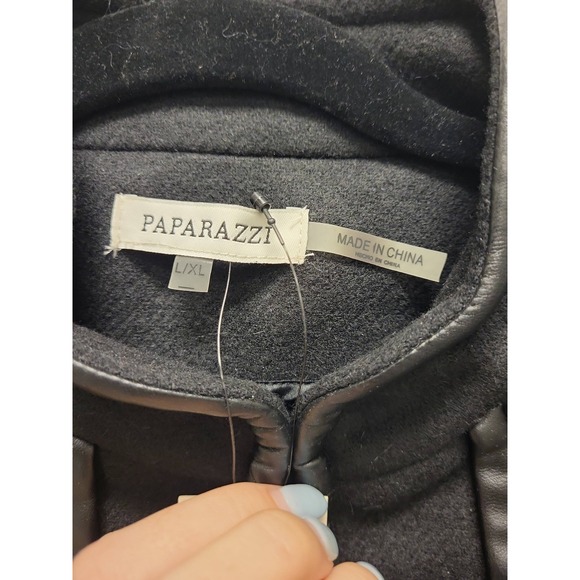 Paparazzi Black Cape L/XL Wool Blend Leather Trim Womens Outerwear Coat Cloak - Picture 2 of 11